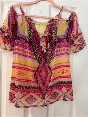 INC BEACH Women’s Cold-Shoulder Boho Print Top in Pink and Yellow